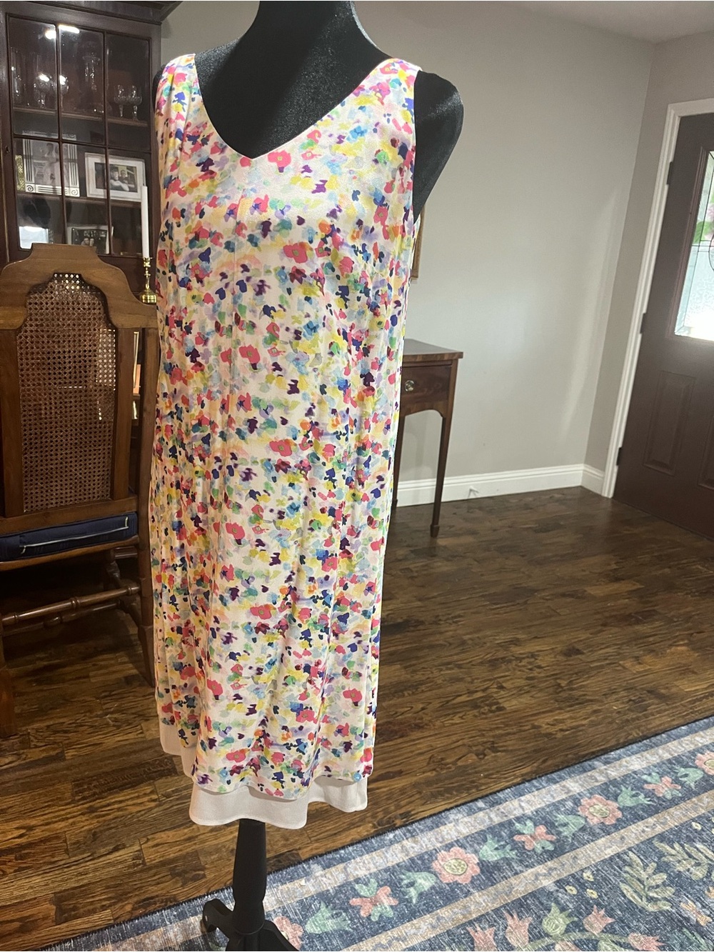 CAbi Soft White Blouse with Subtle Pastel Dots